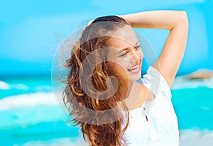 Beauty young healthy woman enjoying vacation over ocean background