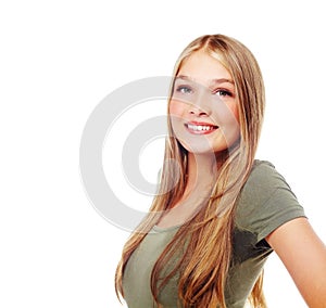 Beauty, young and portrait of a woman student with mockup space and white background. Studio, isolated and smile of a