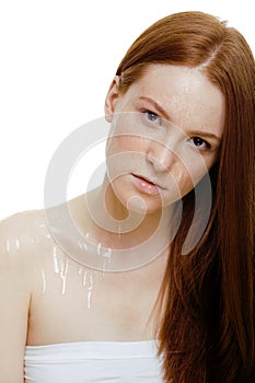 Beauty young redhead woman with red flying hair, funny ginger fresh spa girl isolated on white background