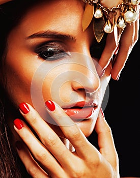Beauty young sencual woman with jewellery close up, luxury portrait of rich real girl