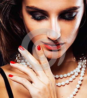 Beauty young woman with jewellery close up, luxury portrait of rich real girl, party makeup