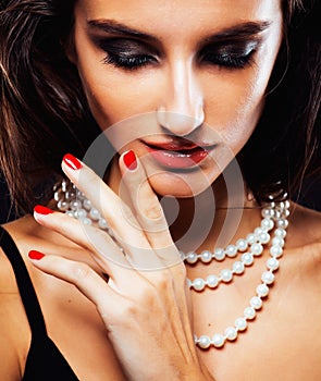 Beauty young woman with jewellery close up, luxury portrait of rich real girl, party makeup