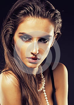 Beauty young woman with jewellery close up, luxury portrait of rich real girl, party makeup