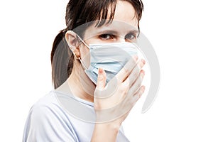 Beauty young woman wearing respiratory protective medical mask