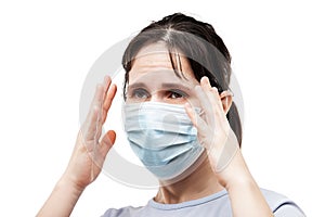 Beauty young woman wearing respiratory protective medical mask