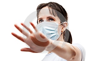 Beauty young woman wearing respiratory protective medical mask