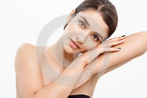 Beauty Youth Skin Care Concept - Close up Beautiful Caucasian Woman Face Portrait with relax sleep gesture. Beautiful