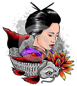 Beautyful Geisha women with koi carp fish.hand drawn and doodle style.Japanese