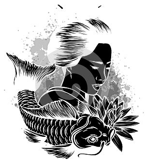 Beautyful Geisha women with koi carp fish.hand drawn and doodle style.Japanese