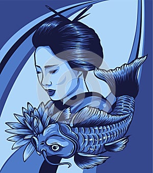 Beautyful Geisha women with koi carp fish. vector illustration
