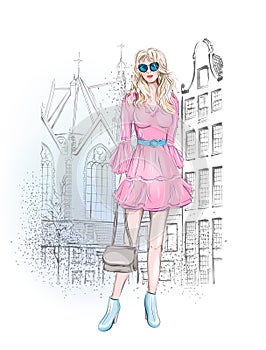 Beautyful young fashion girl on a city background. Hand drawn vector illustration. Sketch. Fashion illustration. Urban romantic