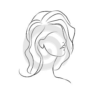 Beautyfull girl face. Attractive young woman portrait female beauty concept. Continuous one line drawing. Black and white vector
