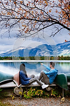 Beauvert lake at Jasper, Canada, Canadian lake popular for canoe