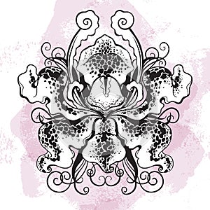 Beauyiful graphic orhid flower on watercolor background. Vector hand-drawn bohemian illustration. Tattwo art, oriental motifs.