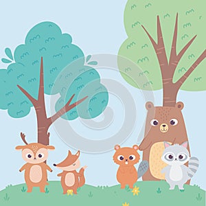 Beaver bear deer fox and raccoon animals flowers tree cartoon