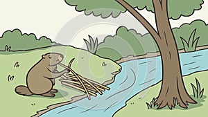 Beaver Building a Dam by a Serene River, vector design Generative AI