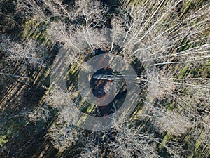 Beaver dam on the forest river Loo in spring, photo from above from a drone photo