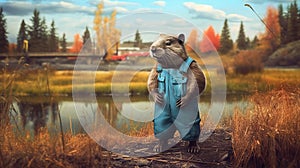 Beaver Dressed In Overalls For Work