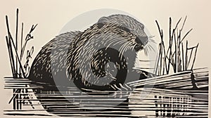 Beaver Engraving: A Simple Lino Print In The Style Of Deborah Azzopardi