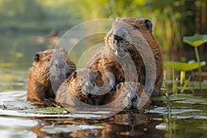 Beaver Family Enjoying Water Together.