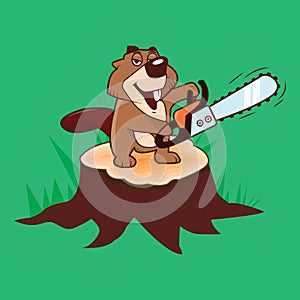 Beaver holding a chainsaw standing on a stump on a green background, illustration