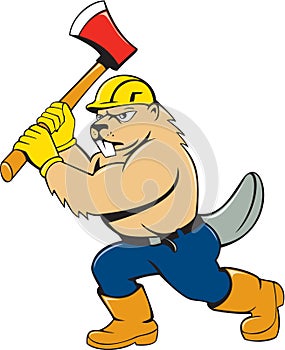 Beaver Lumberjack Wielding Ax Cartoon photo