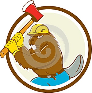 Beaver Lumberjack Wielding Ax Circle Cartoon