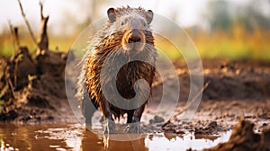 Beaver In The Mud Puddle: A Captivating Blend Of Ivan Marchuk And National Geographic