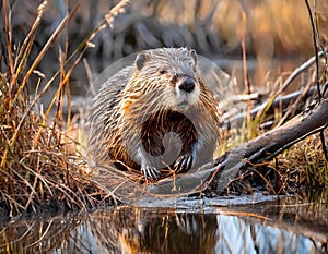 A beaver organizing the construction of its dam