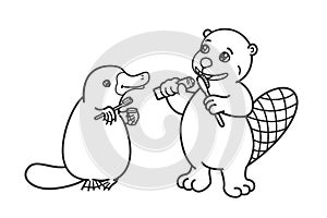 The beaver and the platypus are brushing their teeth.