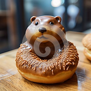 Beaver-shaped Donut On Wooden Table: A Unique Blend Of Nature And Artistry