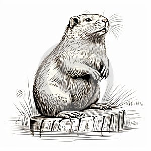 Realistic Beaver Drawing On Stump: Vintage Print Stamp In Prairiecore Style photo
