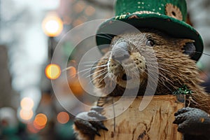 A beaver wearing a green hat holding up a wooden sign, AI