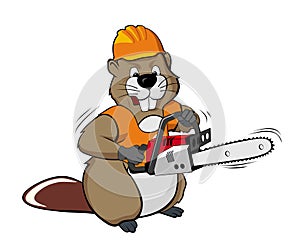 Beaver wearing a helmet and holding a chain saw photo