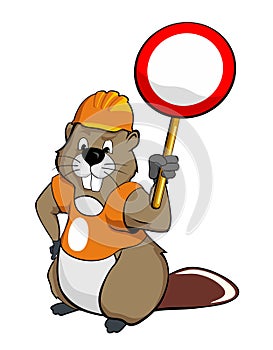 Beaver wearing a helmet and holding a sign