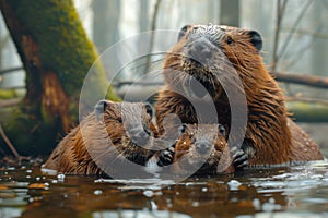 Beavers Grouped in Swampy Waters.