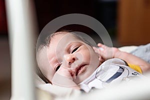 Bebe with yellow and white body lying on baby hammock