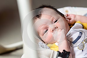 Bebe with yellow and white body lying on baby hammock