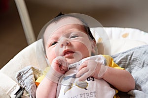 Bebe with yellow and white body lying on baby hammock photo