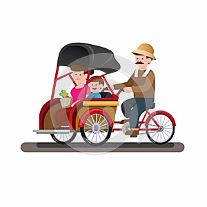 Becak or trickshaw indonesian traditional public transportation with passenger in cartoon flat illustration vector isolated in whi