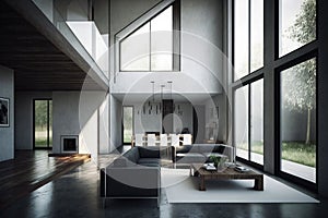 bechfront villa interior with minimalist decor, featuring sleek surfaces and clean lines