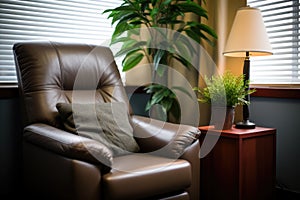 a beckoning cozy leather chair in a counselors office photo