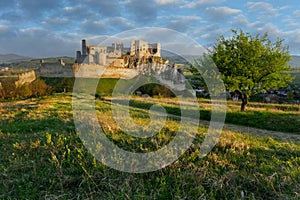 Beckov castle ruin over Beckov village with tree