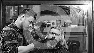 Become a Barber Superhero. client visiting hairdresser. Time for new haircut. man look at mirror reflection. mature