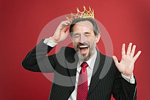 Become king ceremony. I am just superior. Award and achievement. Feeling superiority. Being superior human. Man bearded