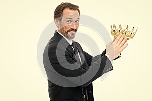 Become next king. Monarchy family traditions. King attribute. Man nature bearded guy in suit hold golden crown symbol of