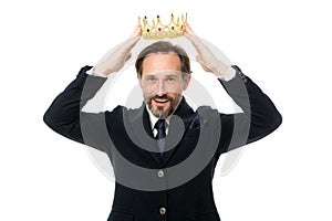 Become next king. Monarchy family traditions. Man nature bearded guy in suit hold golden crown symbol of monarchy