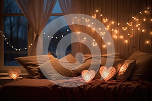 A bed adorned with an abundance of pillows, each one illuminated by a string of lights, Heart-shaped lights illuminating a cosy