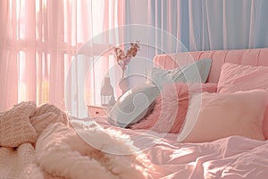 A bed adorned with pink and blue pillows and blankets in a cozy bedroom setting, A cozy bedroom decorated with pastel colors and
