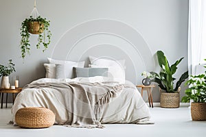 Bed against of grey empty wall with copy space. Nordic interior design of modern bedroom with greenery. Created with generative AI